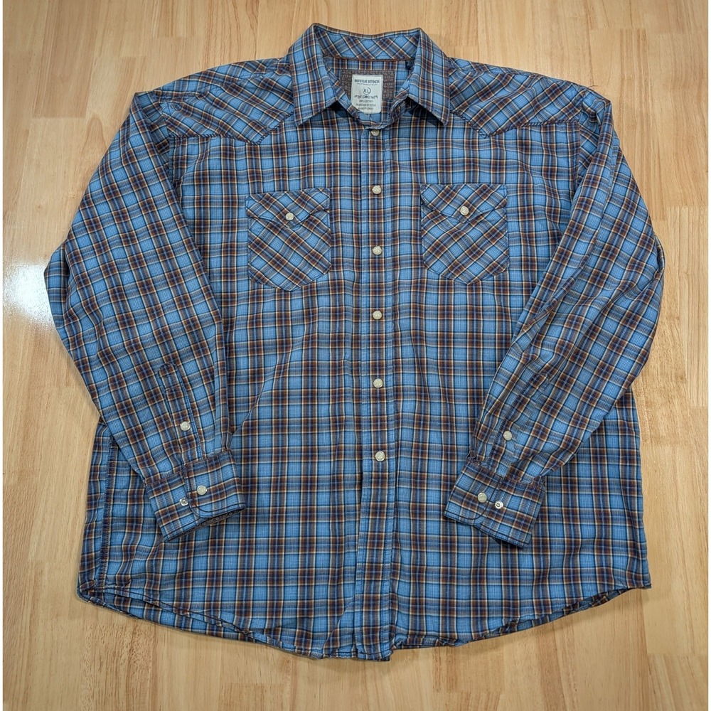 Rough Stock Plaid Western Shirt Mens‎ XL Long Sleeve Snap Front Blue Brown